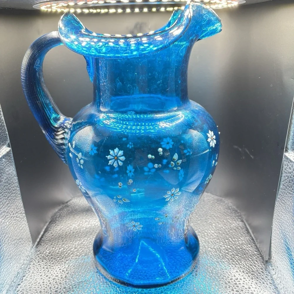 ANTIQUE VICTORIAN AQUA BLUE RUFFLED GLASS PITCHER w Enamel Floral Hand Painted**